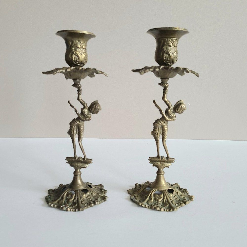 Set of 2 Vintage Brass Candleholders with Indian Dancers Figures.